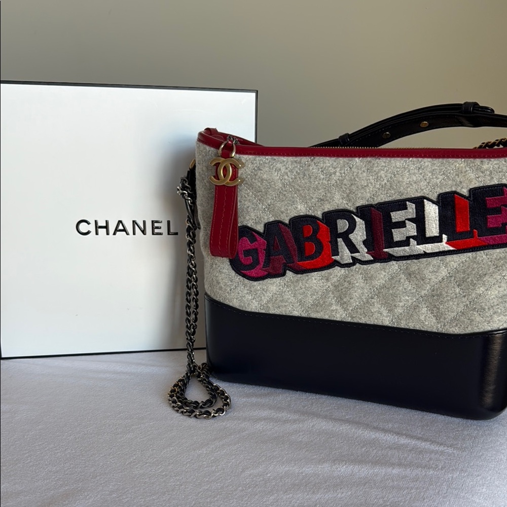 Authentic Chanel Navy and Gray Gabrielle Shoulder Bag with tags. Chain Strap